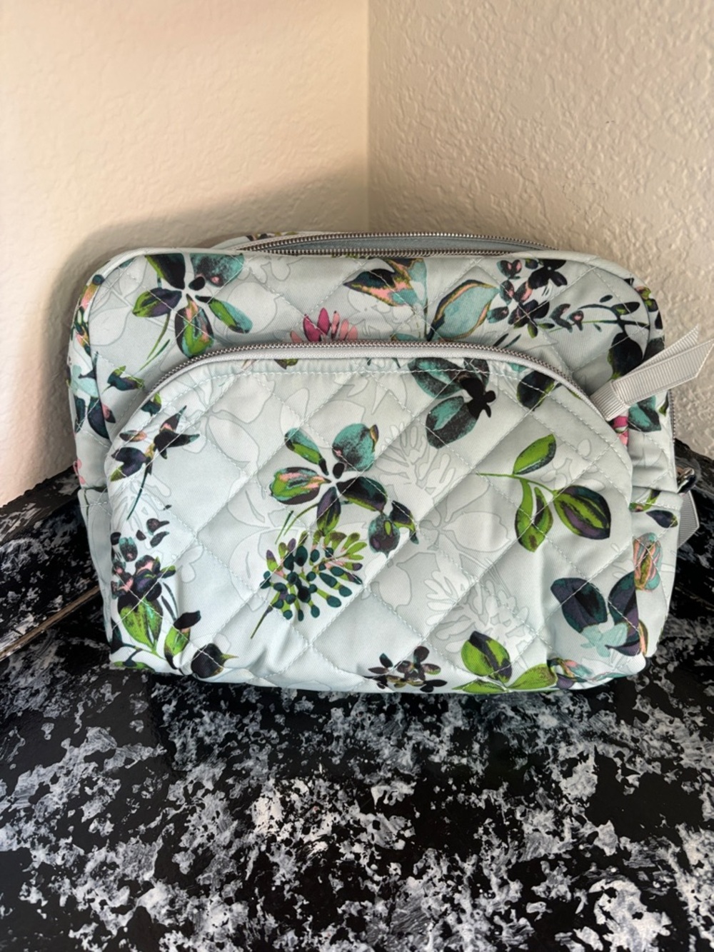 Vera Bradley Quilted Floral Cosmetic Bag in Light Blue with Green Accents